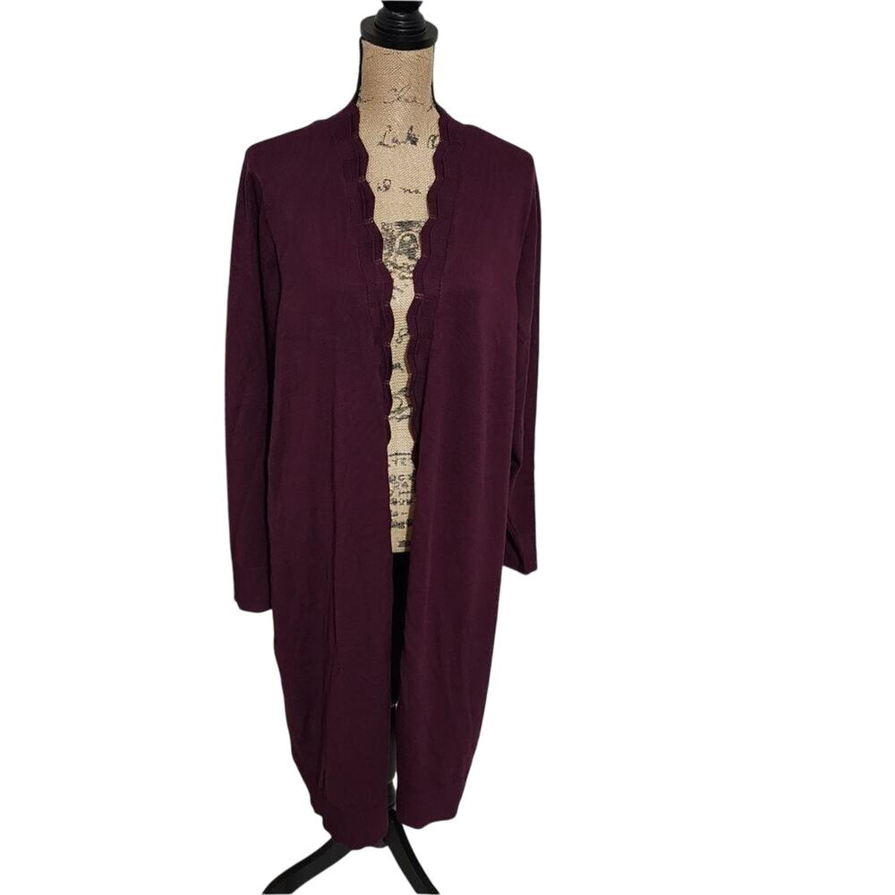 Cable & Gauge Plum Purple Scalloped Open Front Long Cardigan Sweater Plus Sz 2X